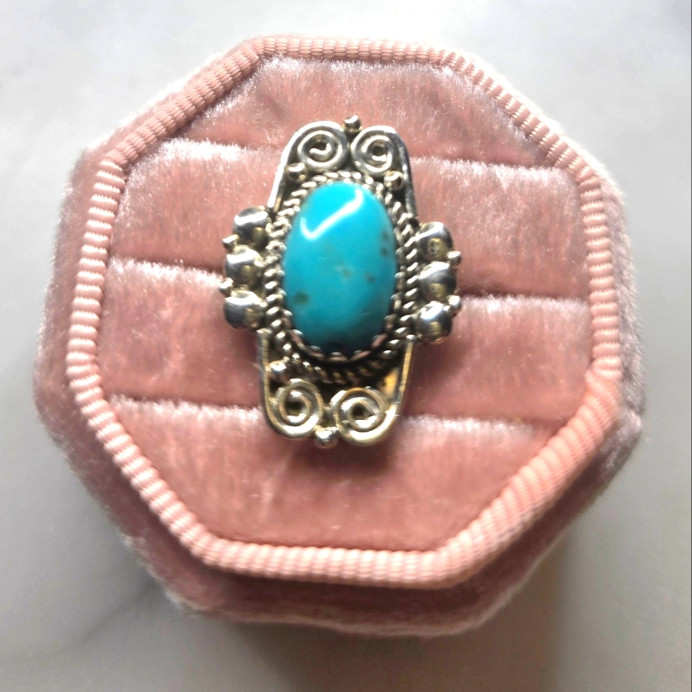 Large Genuine Turquoise and Solid Sterling Silver Women's Ring Size 7